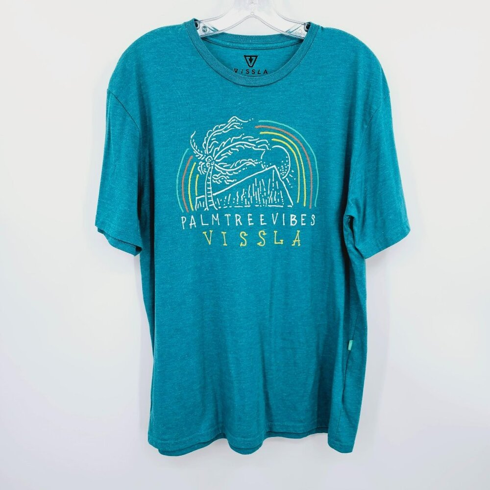 Vissla Everyday Heather Graphic Tee L Palm Tree Vibes Teal Tropical Short Sleeve